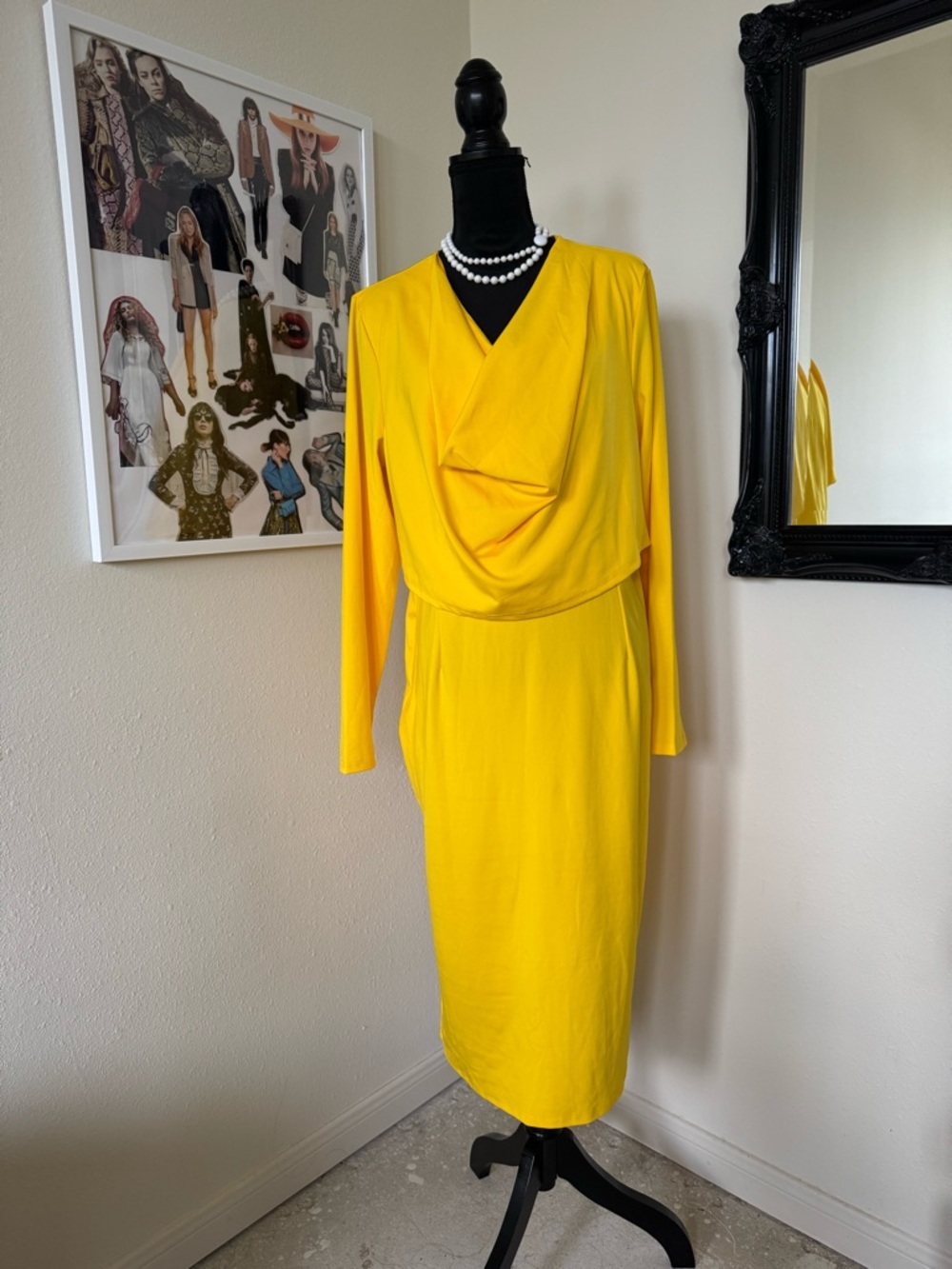 Bright Yellow Draped Long-Sleeve Dress